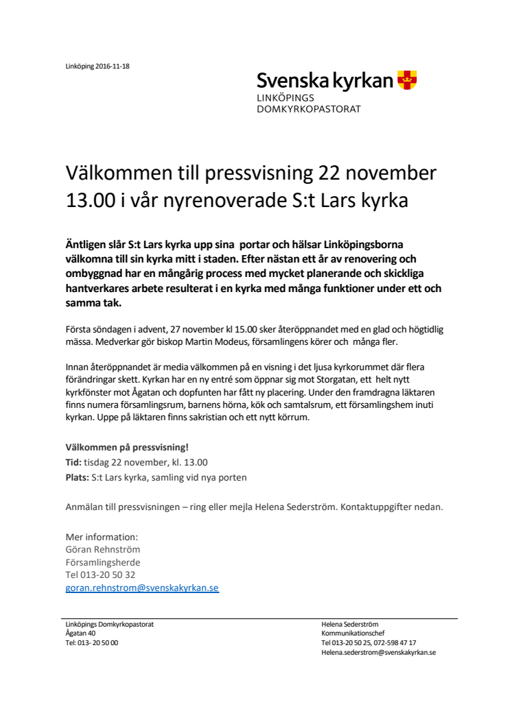 Välkommen till pressvisning 22 november 13.00 i vår nyrenoverade S:t Lars kyrka