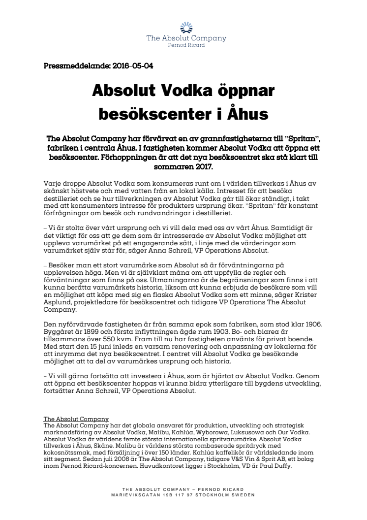 Absolut Vodka öppnar  besökscenter i Åhus 