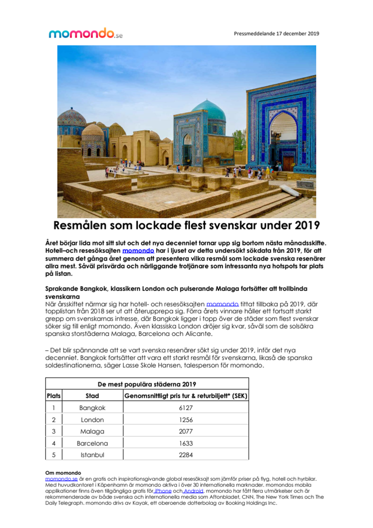 Resmålen som lockade flest svenskar under 2019