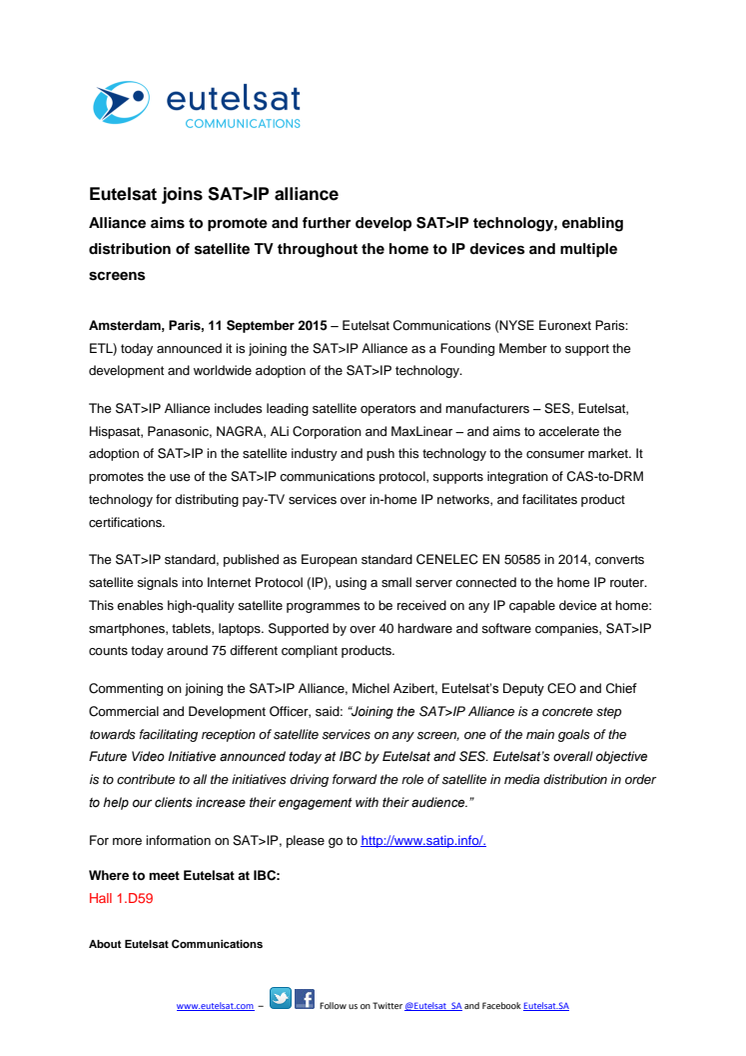 Eutelsat joins SAT>IP alliance