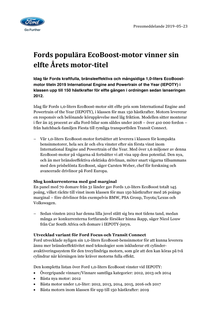 Fords populära EcoBoost-motor vinner sin elfte Årets motor-titel