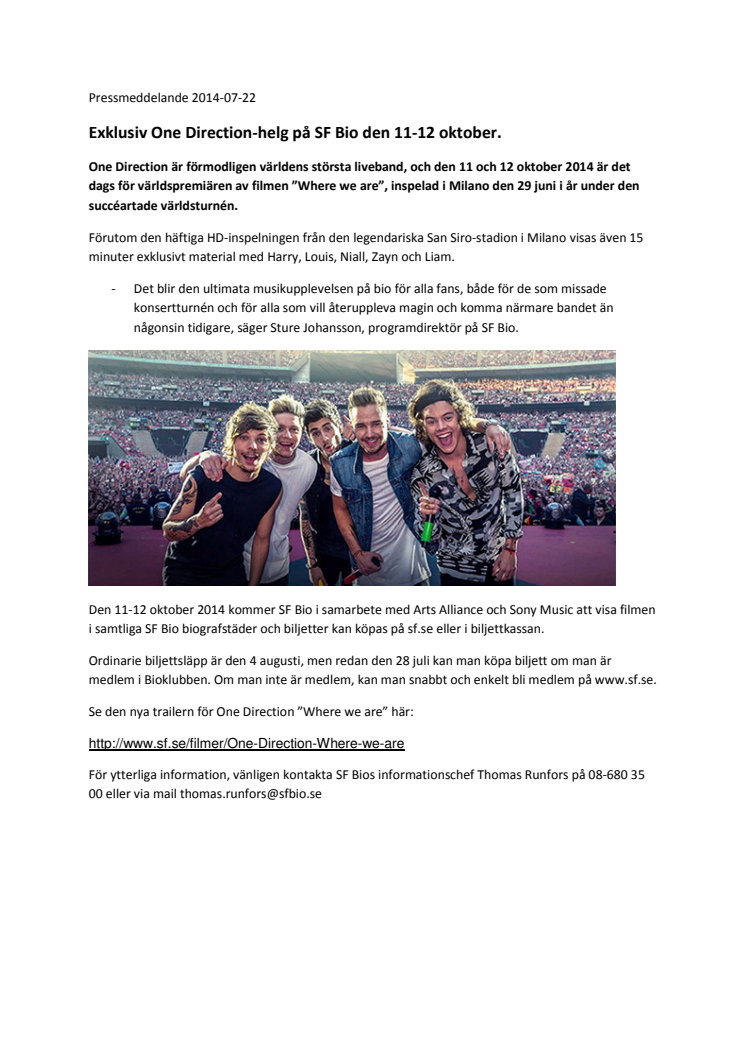 Exklusiv One Direction-helg på SF Bio den 11-12 oktober.