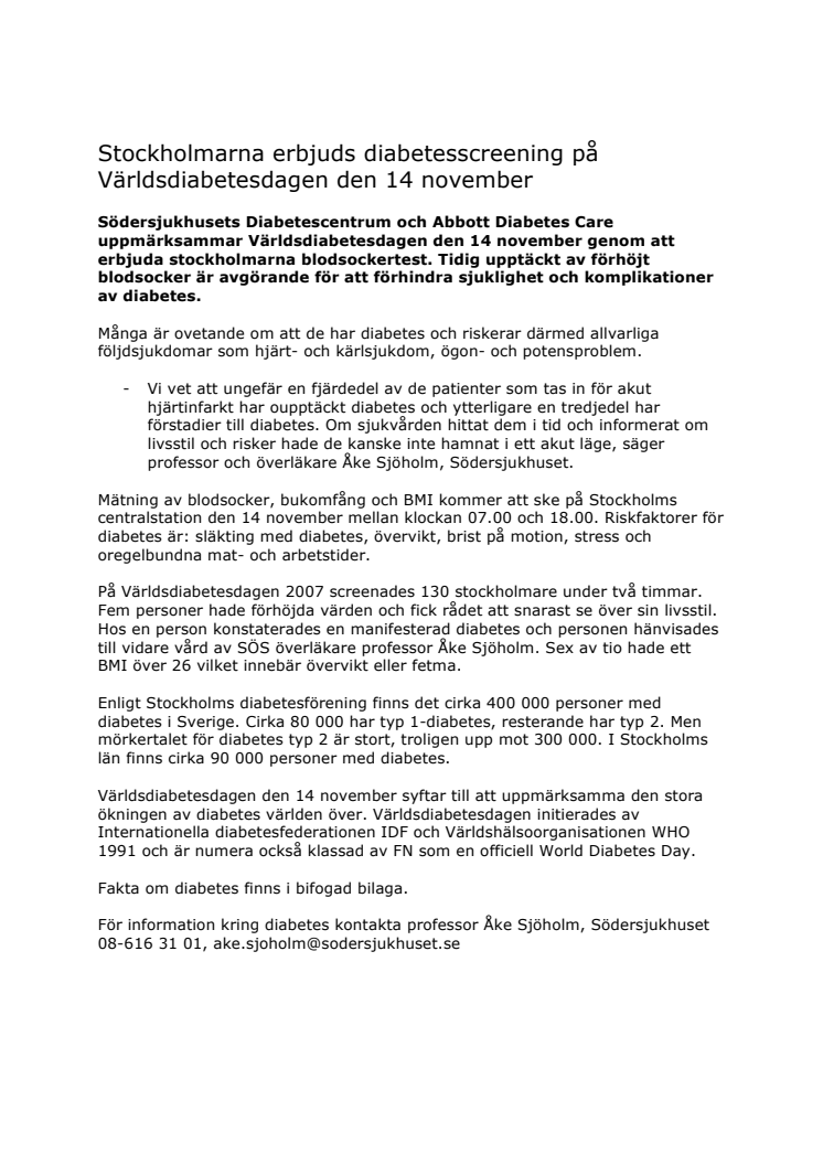 Stockholmarna erbjuds diabetesscreening på Världsdiabetesdagen den 14 november