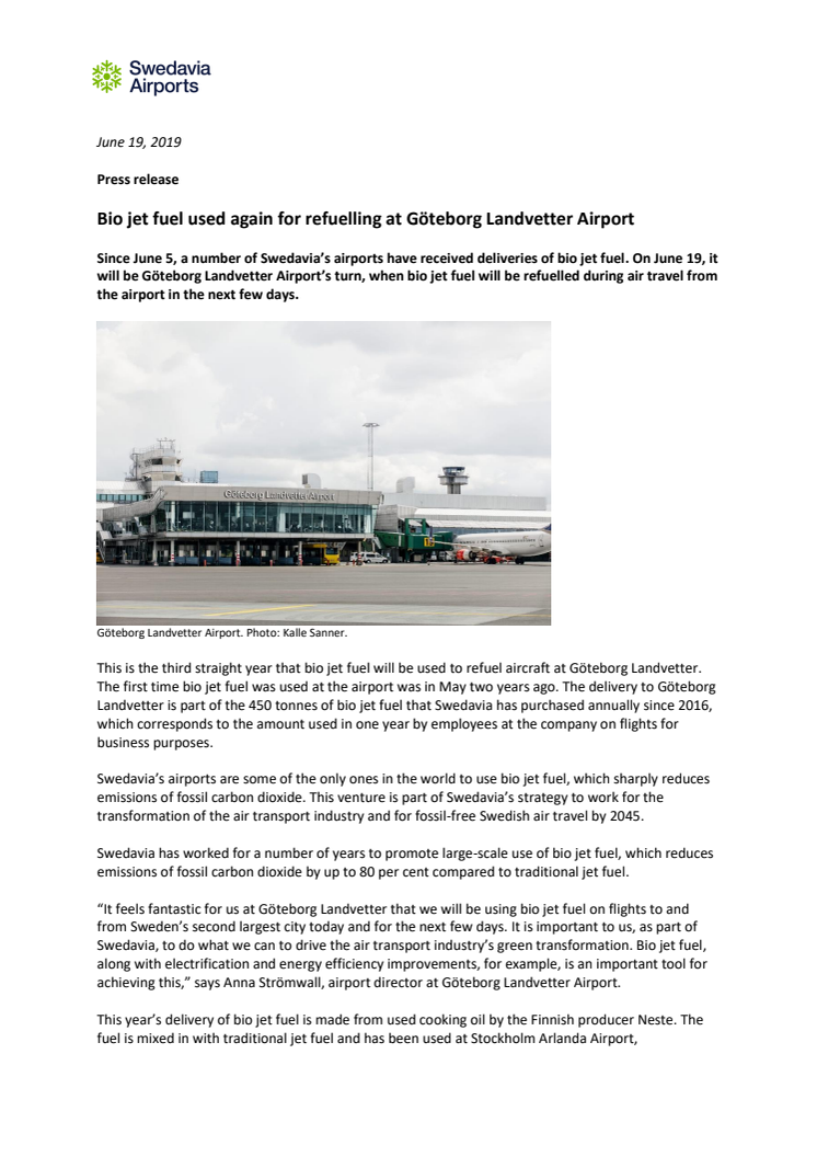 Bio jet fuel used again for refuelling at Göteborg Landvetter Airport