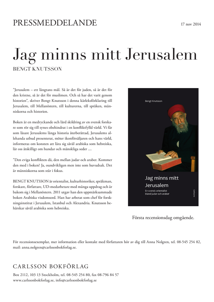 Jag minns mitt Jerusalem - en svensk orientalist bland judar och araber