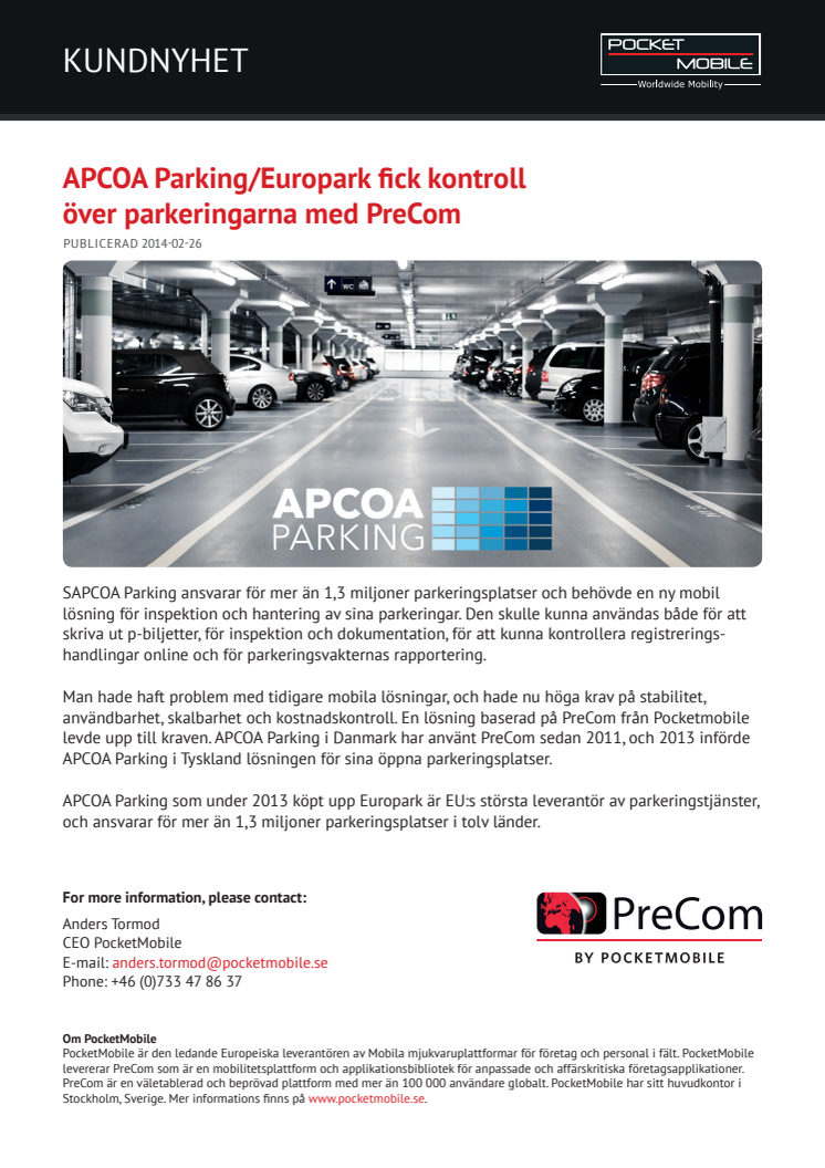 APCOA Parking/Europark fick kontroll över parkeringarna med PreCom