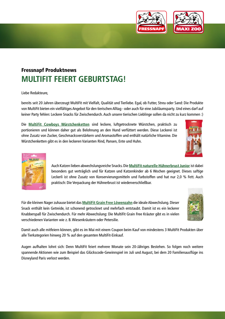 Fressnapf-Produktnews 05/2018: MultiFit feiert 20jähriges Jubiläum