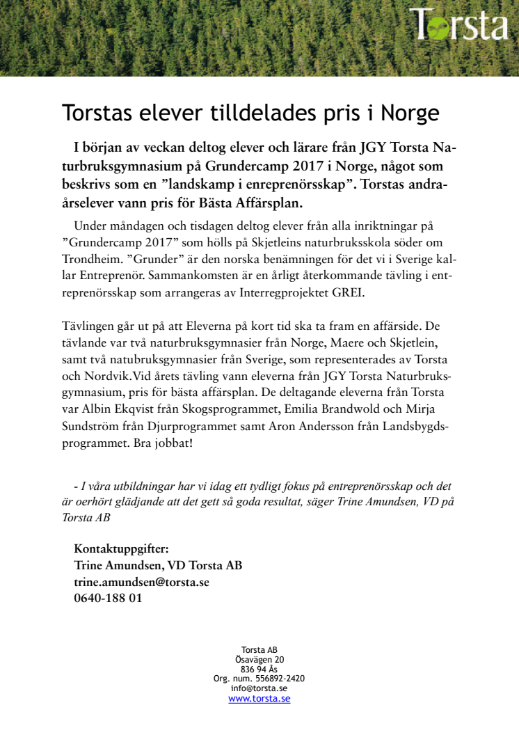 Torstas elever tilldelades pris i Norge