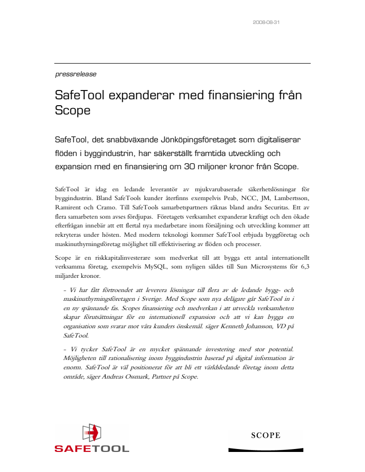 SafeTool expanderar med finansiering från Scope 