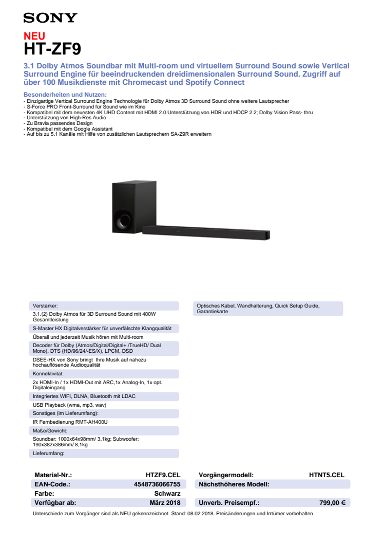 Datenblatt Dolby Atmos Soundbar HT-ZF9 von Sony