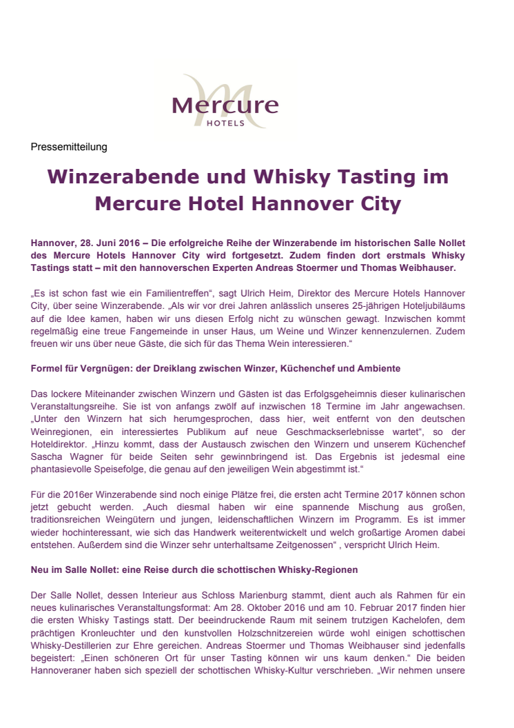 Winzerabende und Whisky Tasting im Mercure Hotel Hannover City
