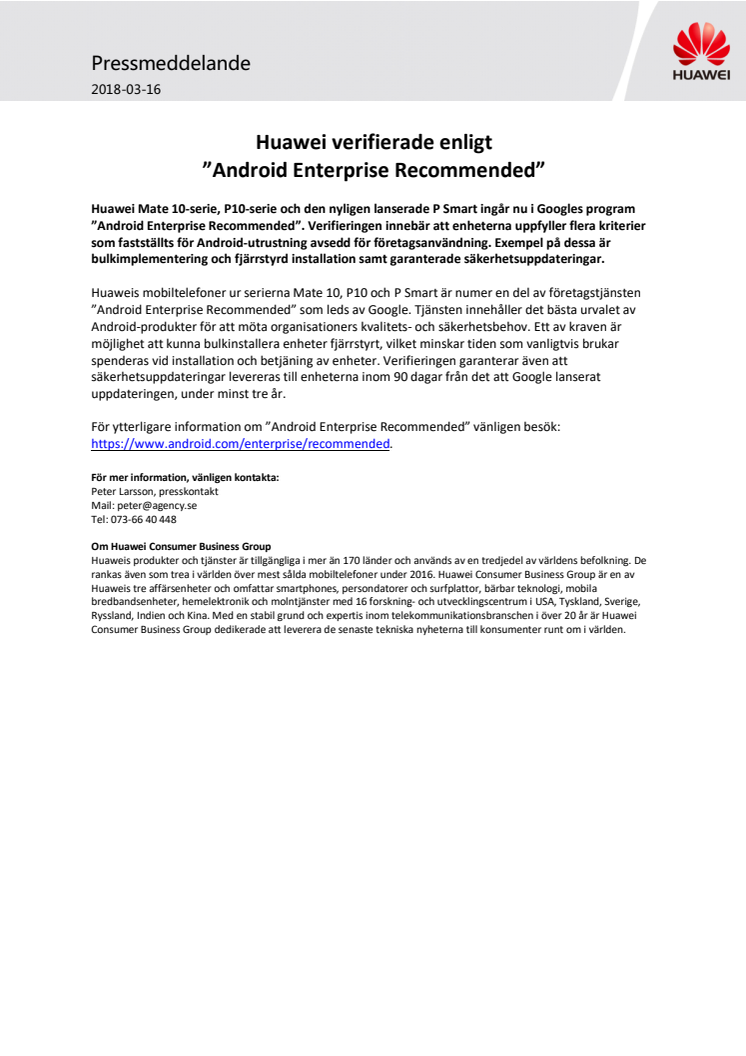 Huawei verifierade enligt ”Android Enterprise Recommended”