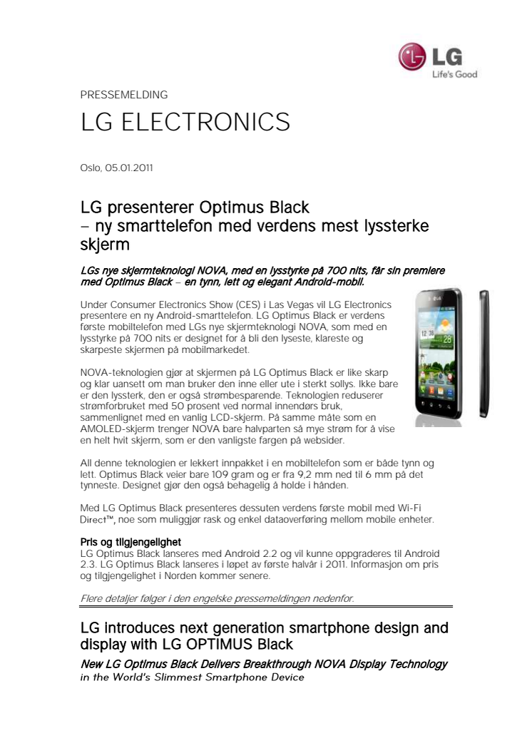 LG presenterer Optimus Black  – ny smarttelefon med verdens mest lyssterke skjerm