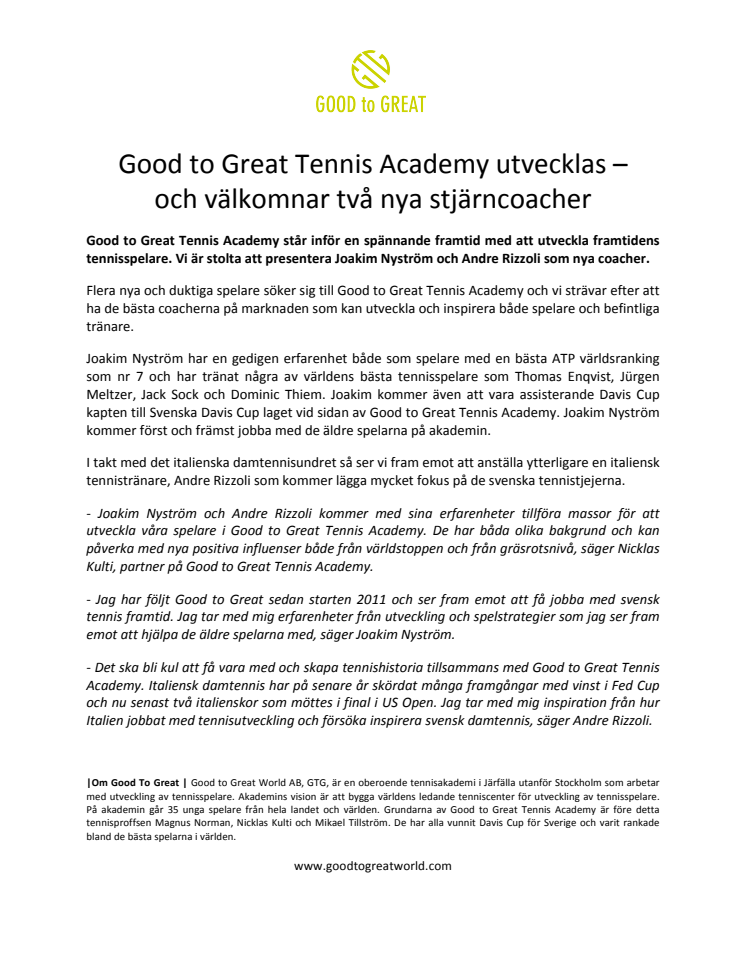 Good to Great Tennis Academy utvecklas – och välkomnar två nya stjärncoacher