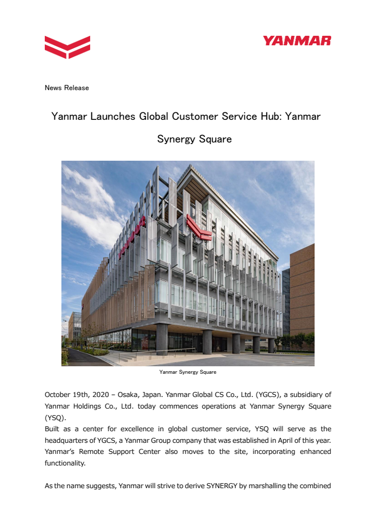 Yanmar Launches Global Customer Service Hub: Yanmar Synergy Square