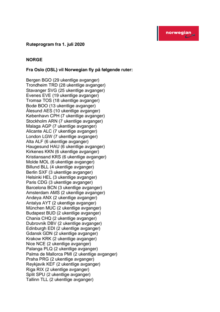 Norwegians ruteprogram fra 1. juli 2020