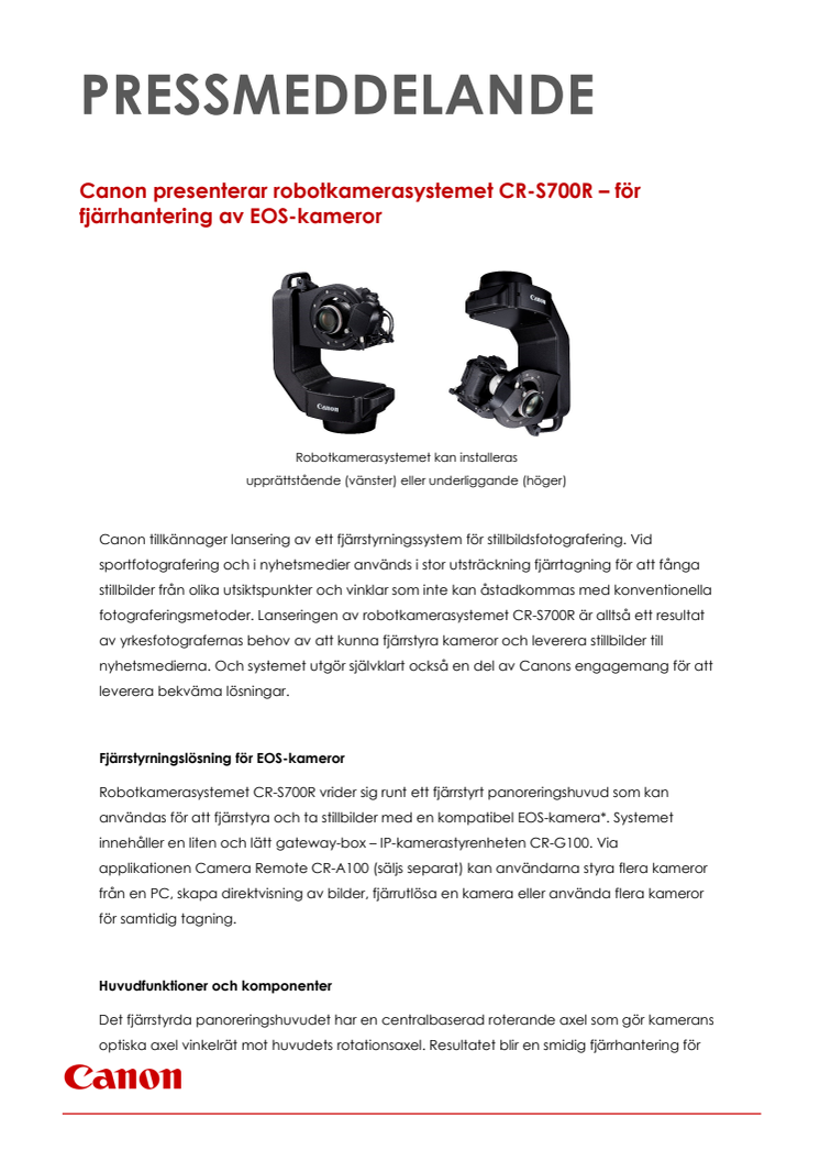 Canon presenterar robotkamerasystemet CR-S700R – för fjärrhantering av EOS-kameror