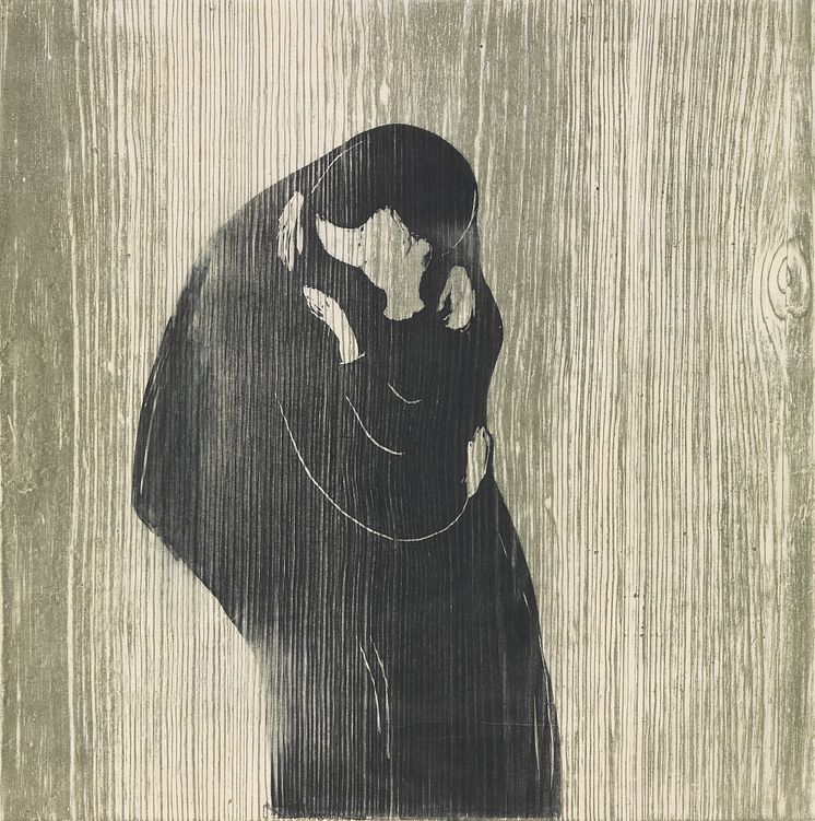 Avtrykk. Tresnitt fra fem århundrer. Edvard Munch, Kyss IV, tontresnitt, 1902. / Impressions. Five Centuries of Woodcuts. Edvard Munch, The Kiss IV, 1902.