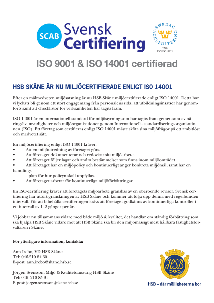 HSB SKÅNE ÄR NU MILJÖCERTIFIERADE ENLIGT ISO 14001
