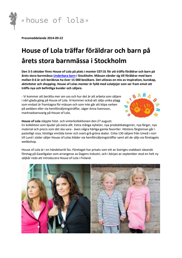House of Lola träffar föräldrar och barn på årets stora barnmässa i Stockholm