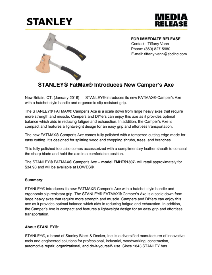 STANLEY® FatMax® Introduces New Camper’s Axe