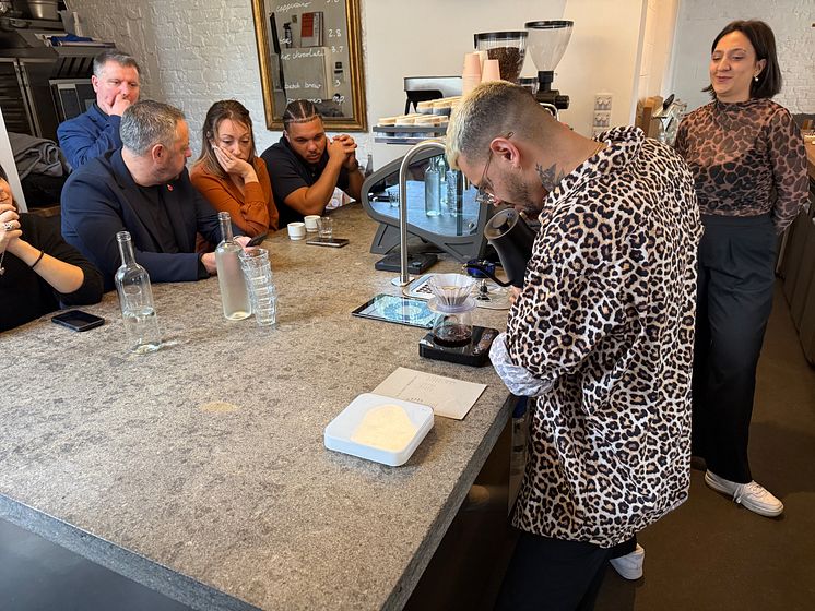 Top London Barista Douglas Conde demonstrates the art of making the perfect cup of coffee with the help of Bluewater at the acclaimed Day Trip artisan coffee shop in Islington.