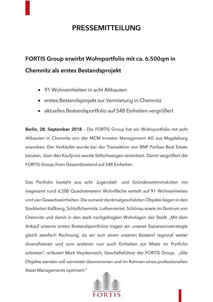 FORTIS Group erwirbt Wohnportfolio mit ca. 6.500qm in Chemnitz als erstes Bestandsprojekt