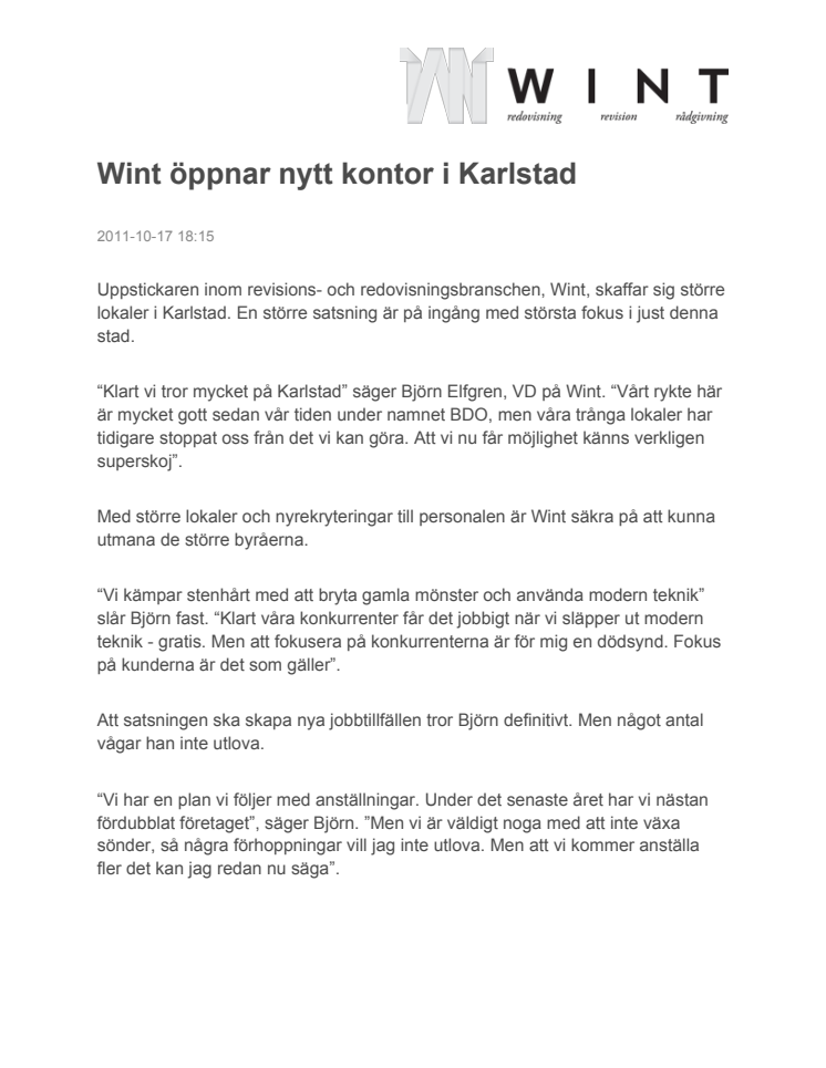 Wint öppnar nytt kontor i Karlstad