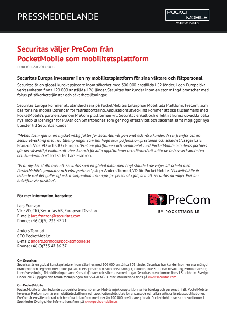Securitas väljer PreCom från PocketMobile som mobilitetsplattform