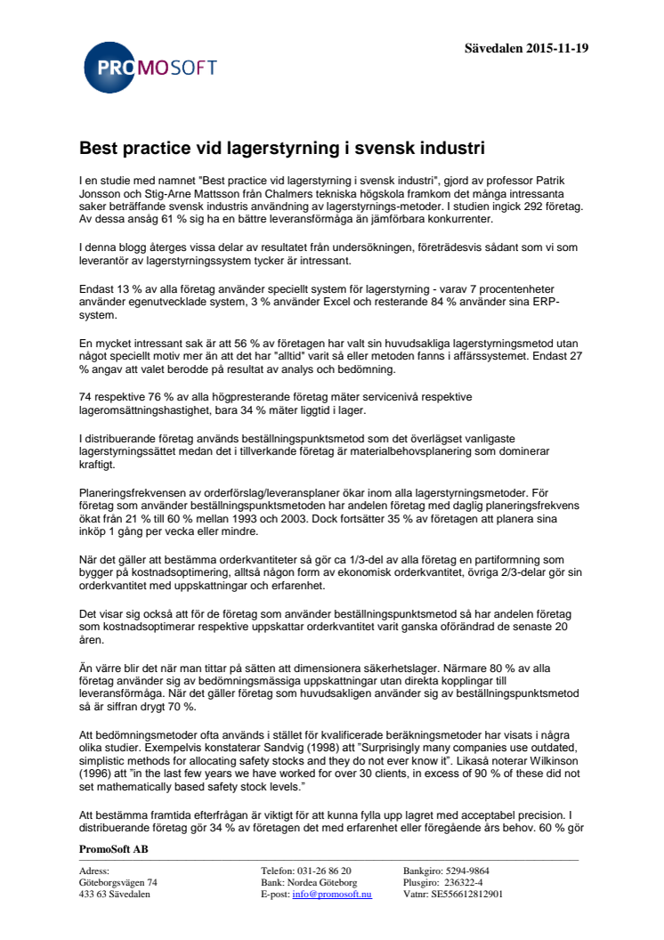 Best practice vid lagerstyrning i svensk industri