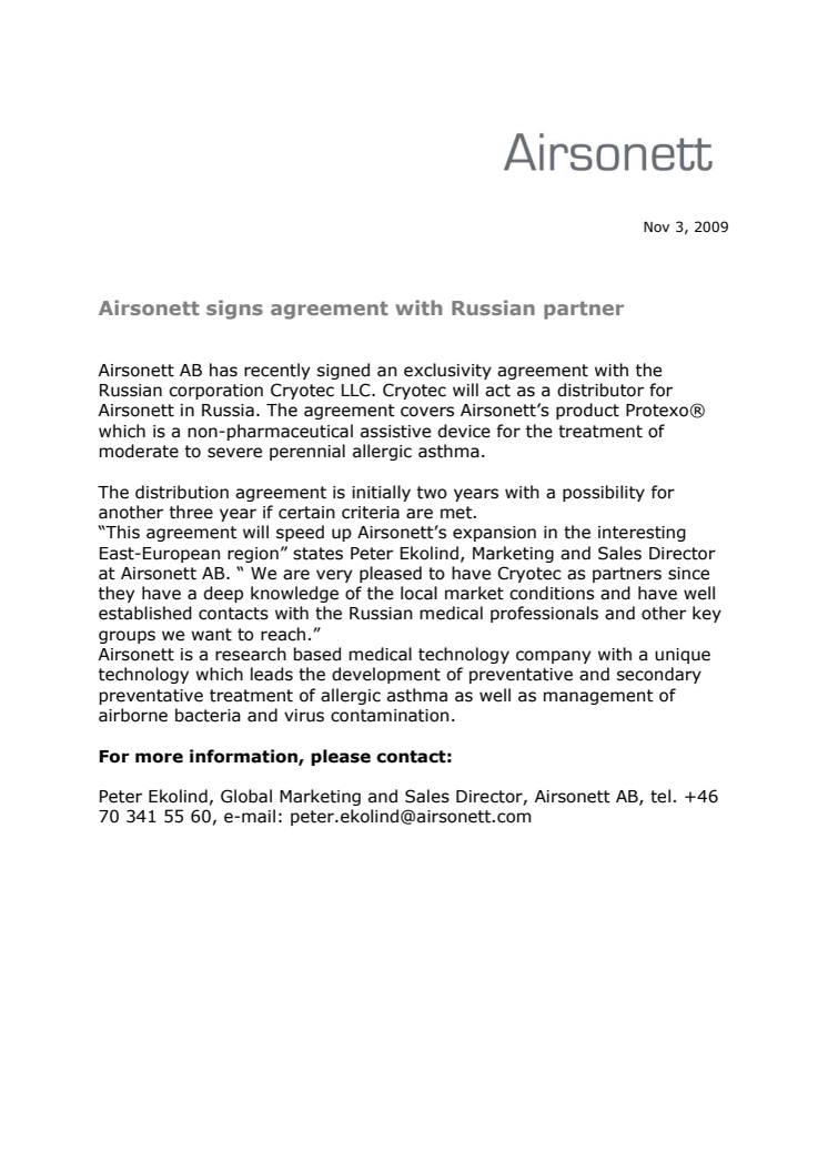 Airsonett signs agreement with Russian partner