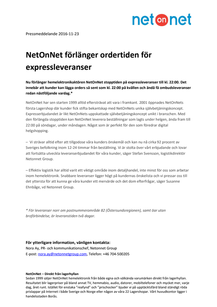 NetOnNet förlänger ordertiden för expressleveranser