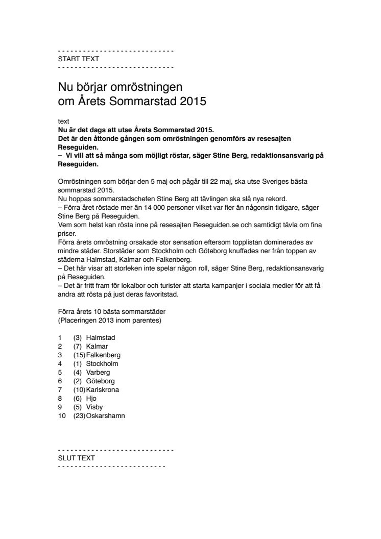 Nu börjar omröstningen om Årets Sommarstad 2015