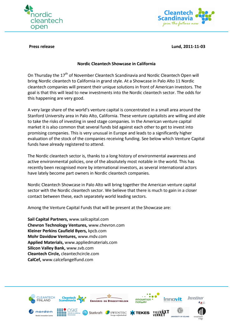 Nordic Cleantech companies to pitch for US investors in Palo Alto, California
