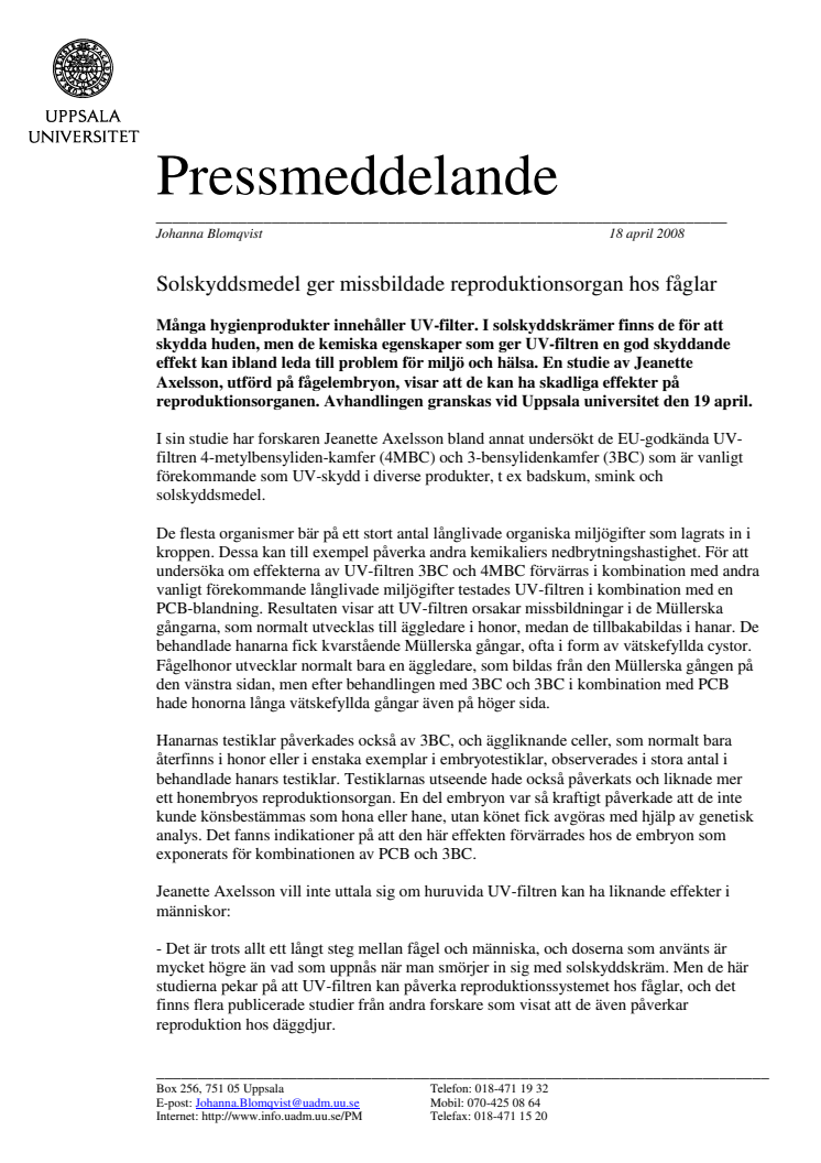 Solskyddsmedel ger missbildade reproduktionsorgan hos fåglar