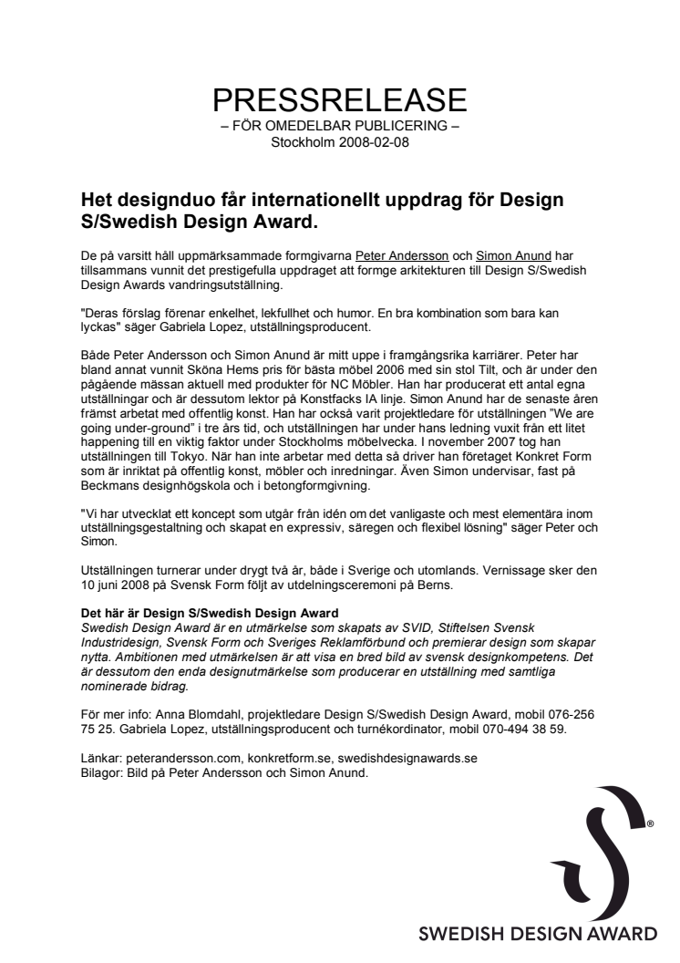 Het designduo får internationellt uppdrag för Design S/Swedish Design Award
