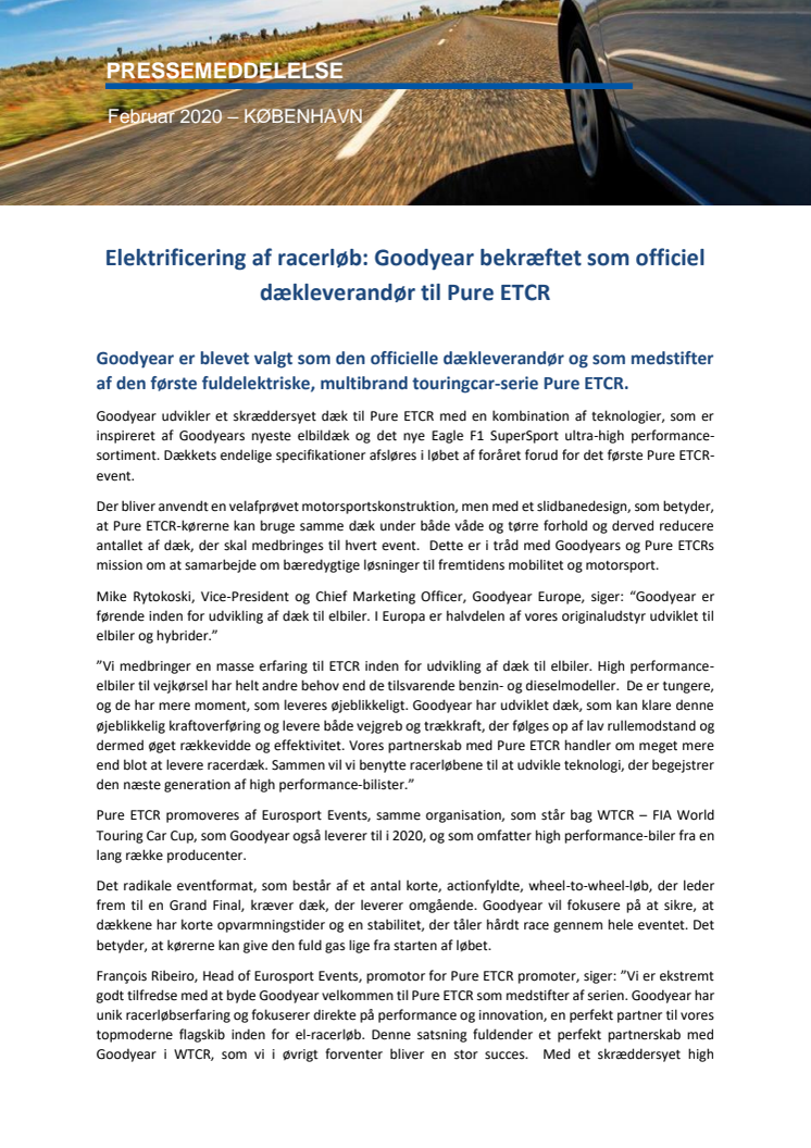 Elektrificering af racerløb: Goodyear bekræftet som officiel dækleverandør til Pure ETCR