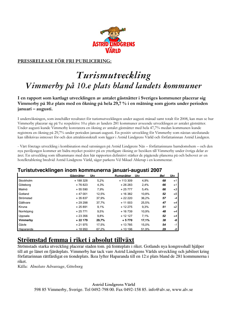 Turismutveckling - Vimmerby på 10.e plats bland landets kommuner