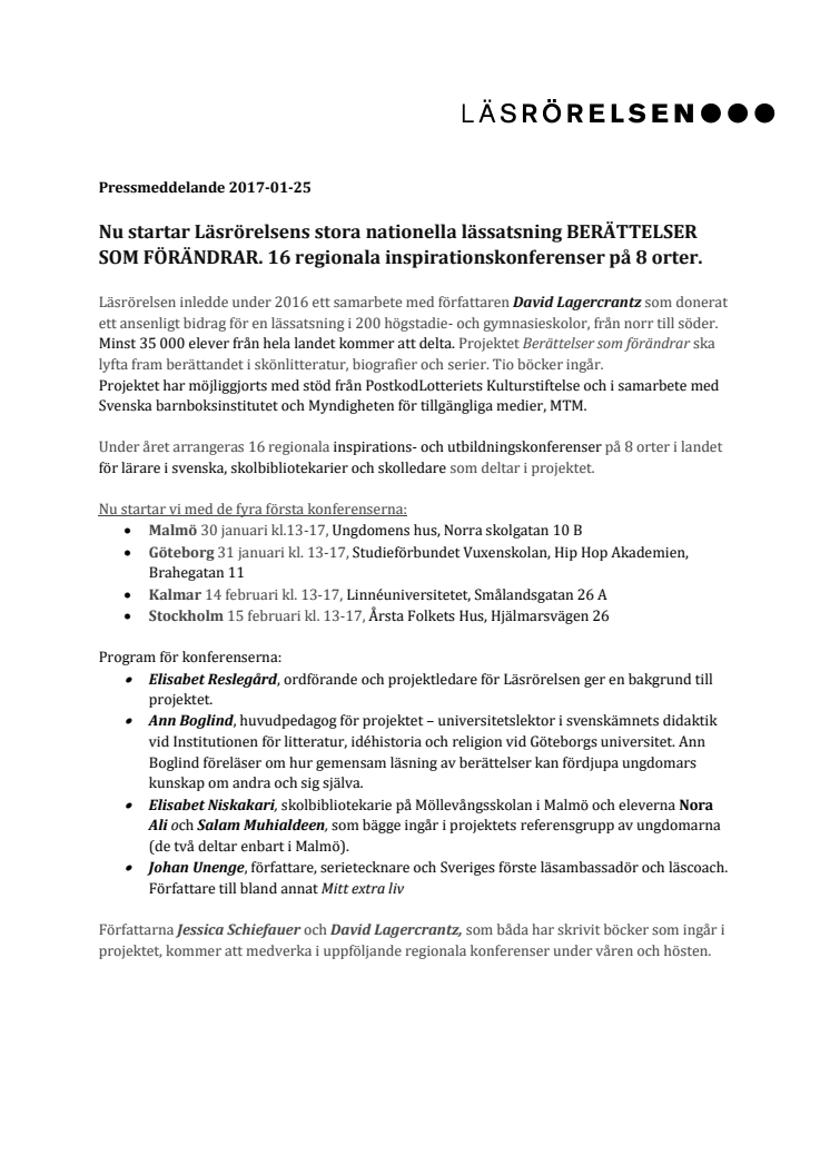 Nu startar Läsrörelsens stora nationella lässatsning BERÄTTELSER SOM FÖRÄNDRAR. 16 regionala inspirationskonferenser på 8 orter.