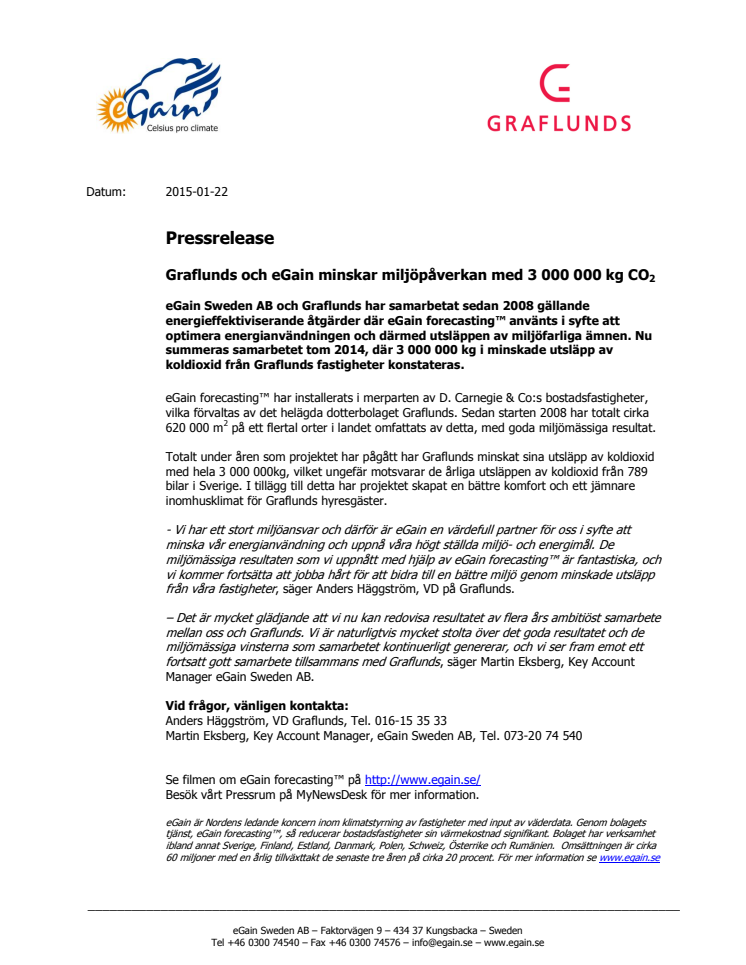 Graflunds och eGain minskar miljöpåverkan med 3 000 000 kg CO2