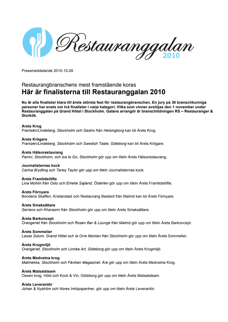 26 finalister klara för Restauranggalan 2010!