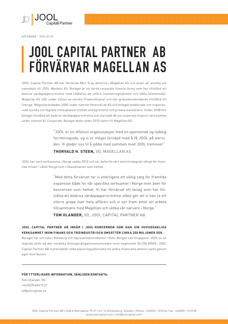 Jool Capital Partner AB förvärvar Magellan AS