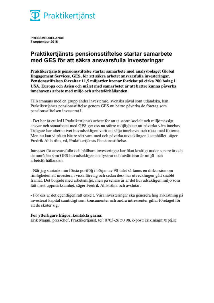 Praktikertjänsts pensionsstiftelse startar samarbete med GES för att säkra ansvarsfulla investeringar