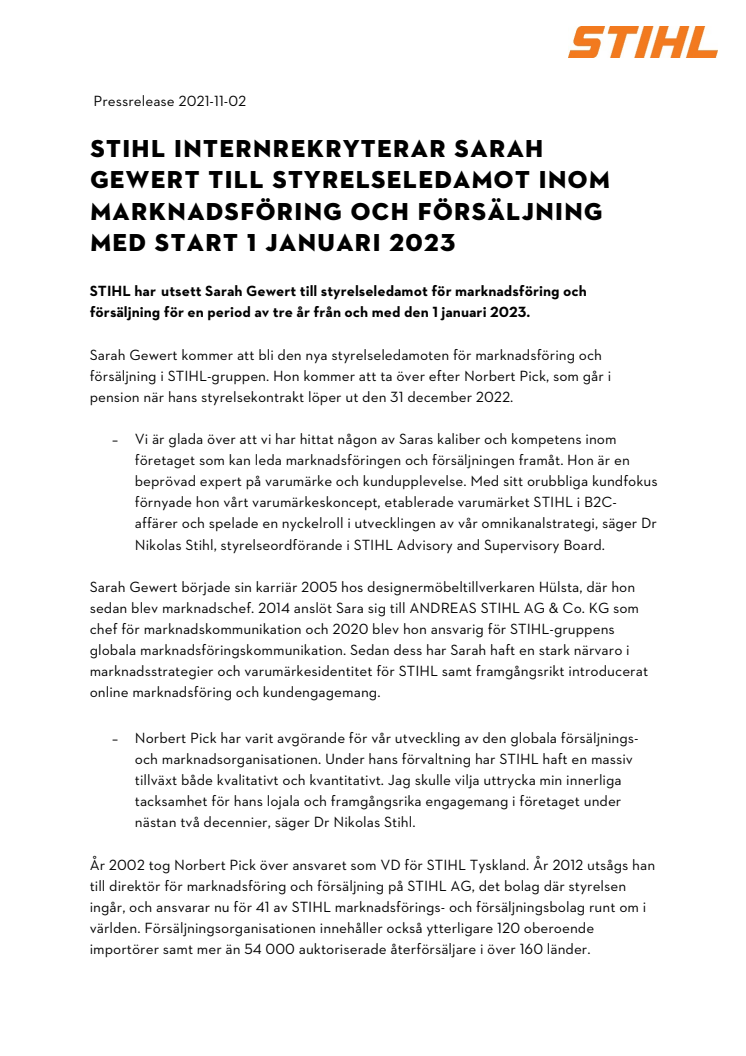 STIHL Sverige_STIHL INTERNREKRYTERAR SARAH GEWERT TILL STYRELSELEDAMOT INOM MARKNADSFÖRING OCH FÖRSÄLJNING MED START 1 JANUARI 2023 .pdf
