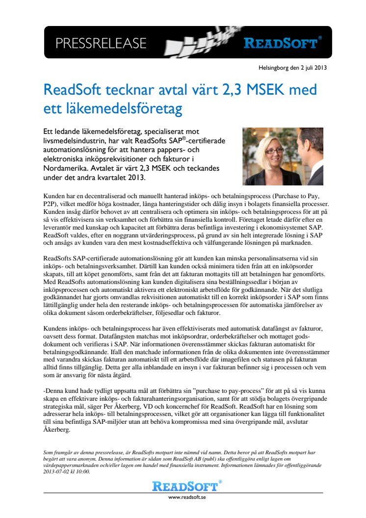 ReadSoft tecknar avtal värt 2,3 MSEK med ett läkemedelsföretag 