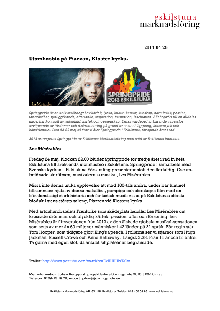 Les Misérables - Springpride presenterar utomhusbio på Piazzan, Kloster kyrka.