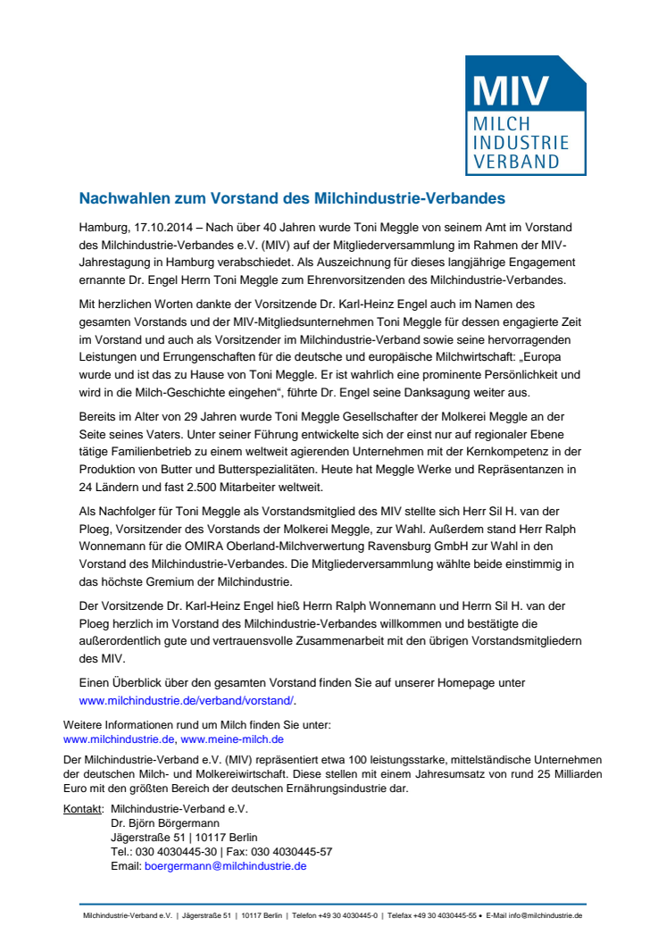 Nachwahlen zum Vorstand des Milchindustrie-Verbandes