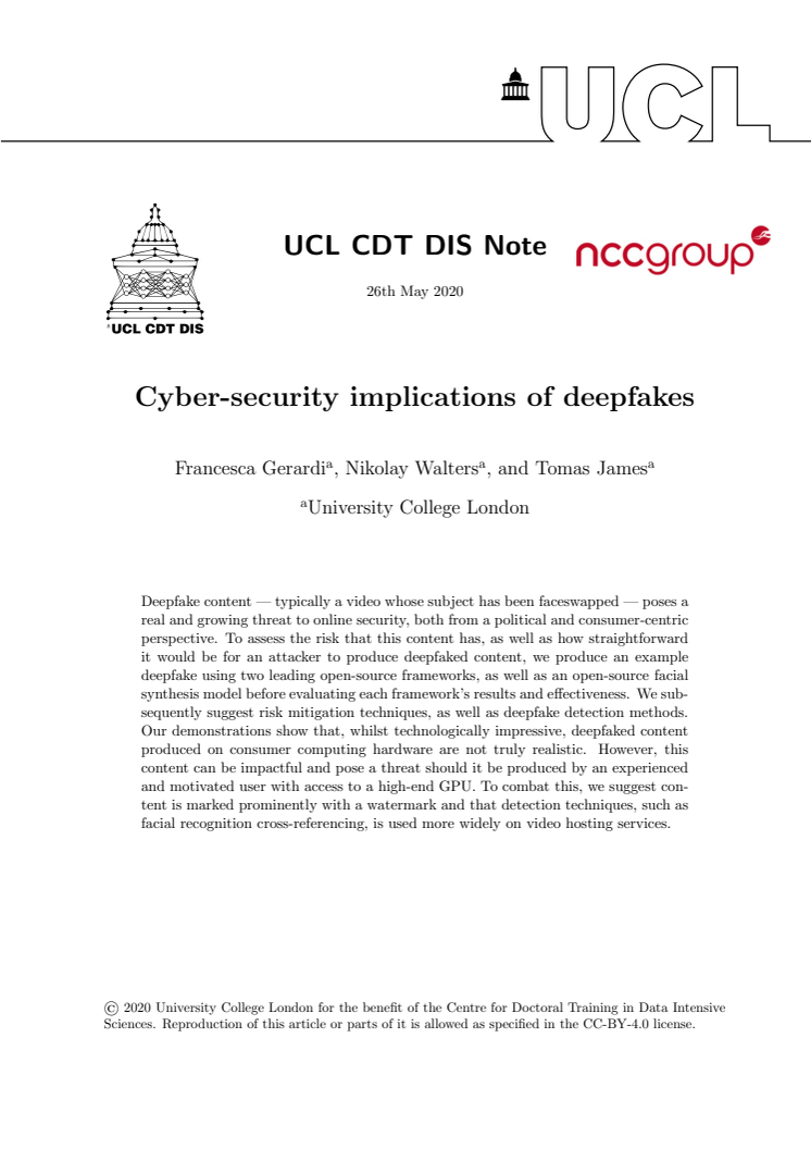 A report on the Cyber-security implications of deepfakes by University College London