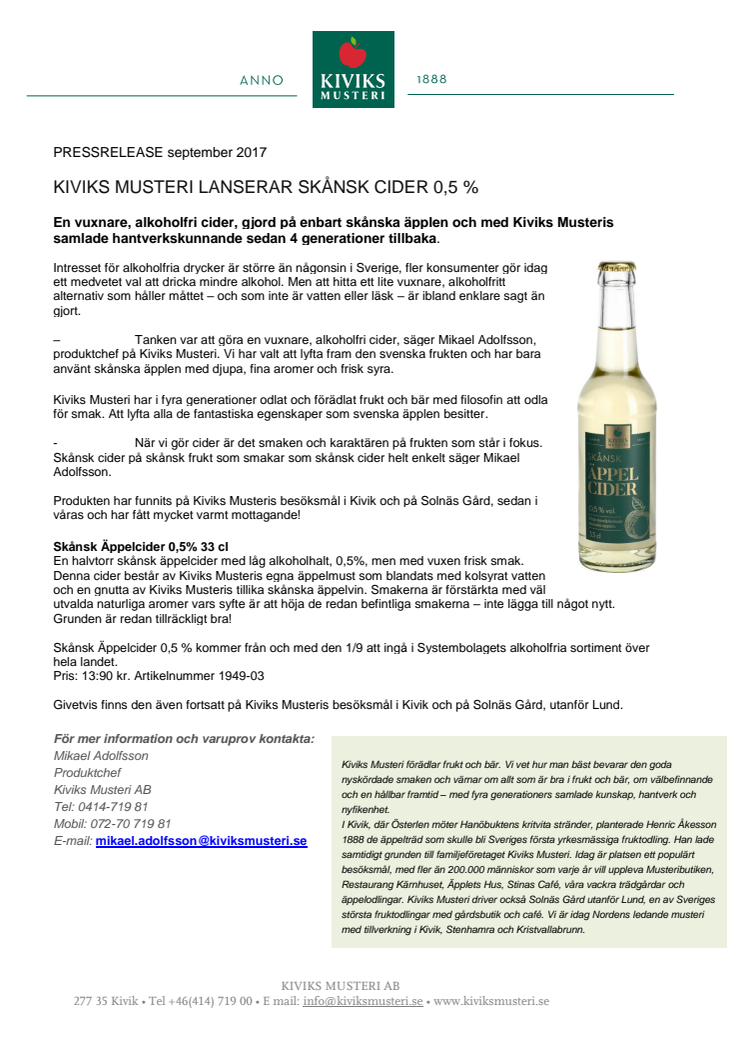 Kiviks Musteri lanserar skånsk cider 0,5 % 