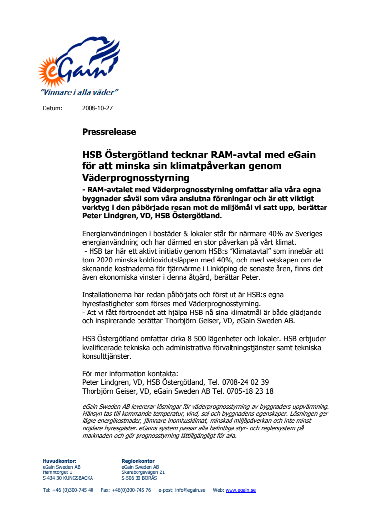 HSB Östergötland tecknar RAM-avtal med eGain